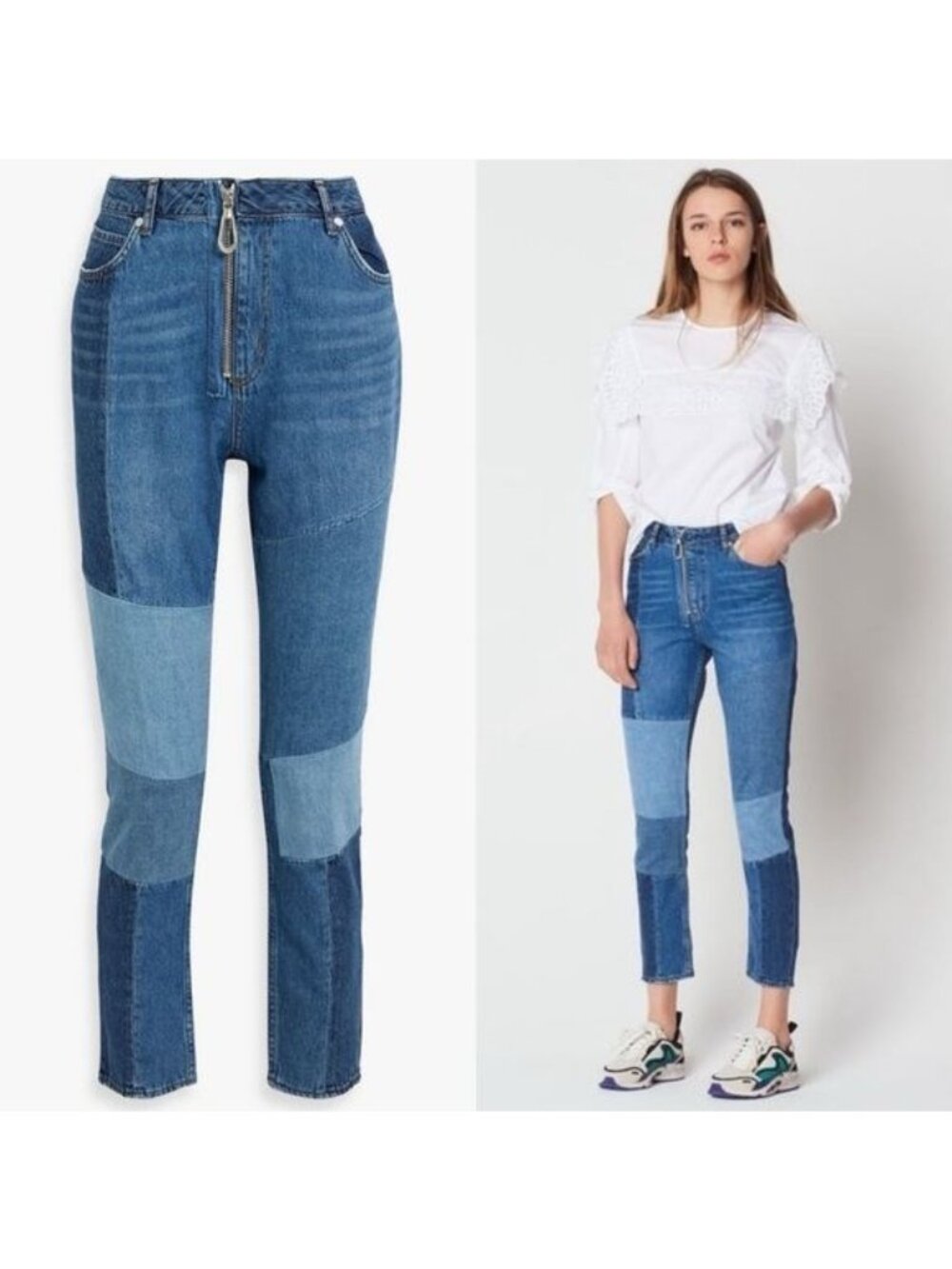 Sandro Hani Patchwork Jeans 36 Blue Vintage 4 Slim Leg High Rise Zip Fly Cropped